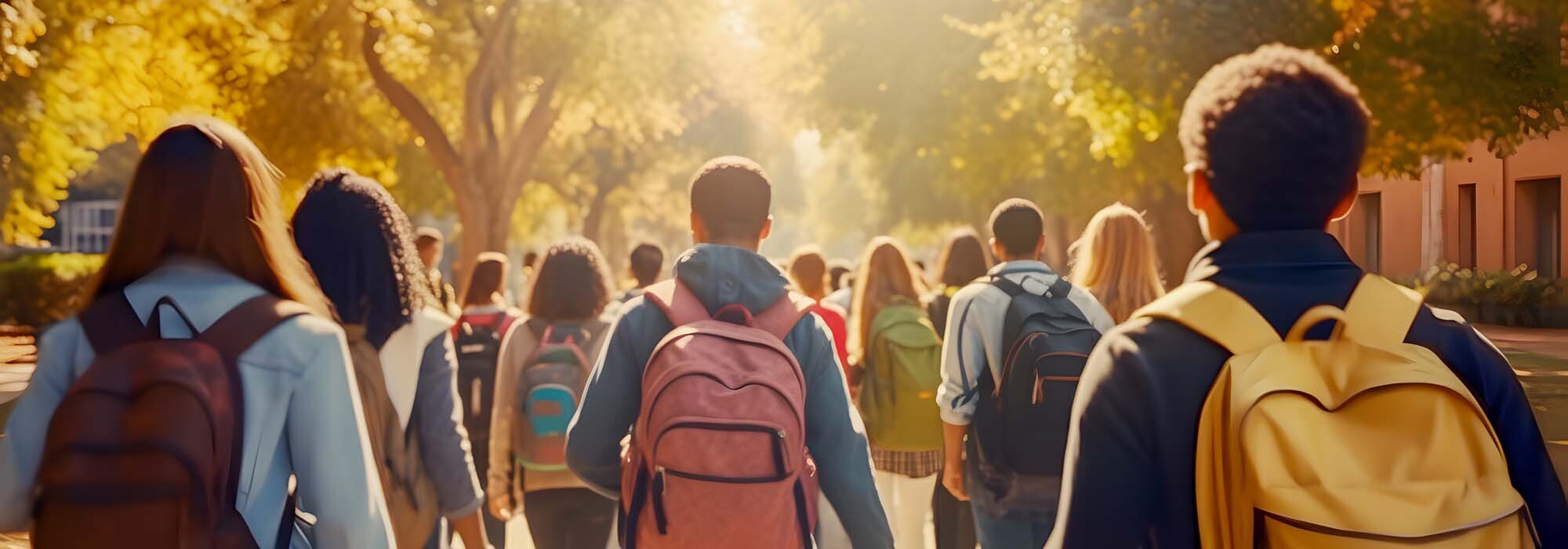 Students with backpacks walking to school